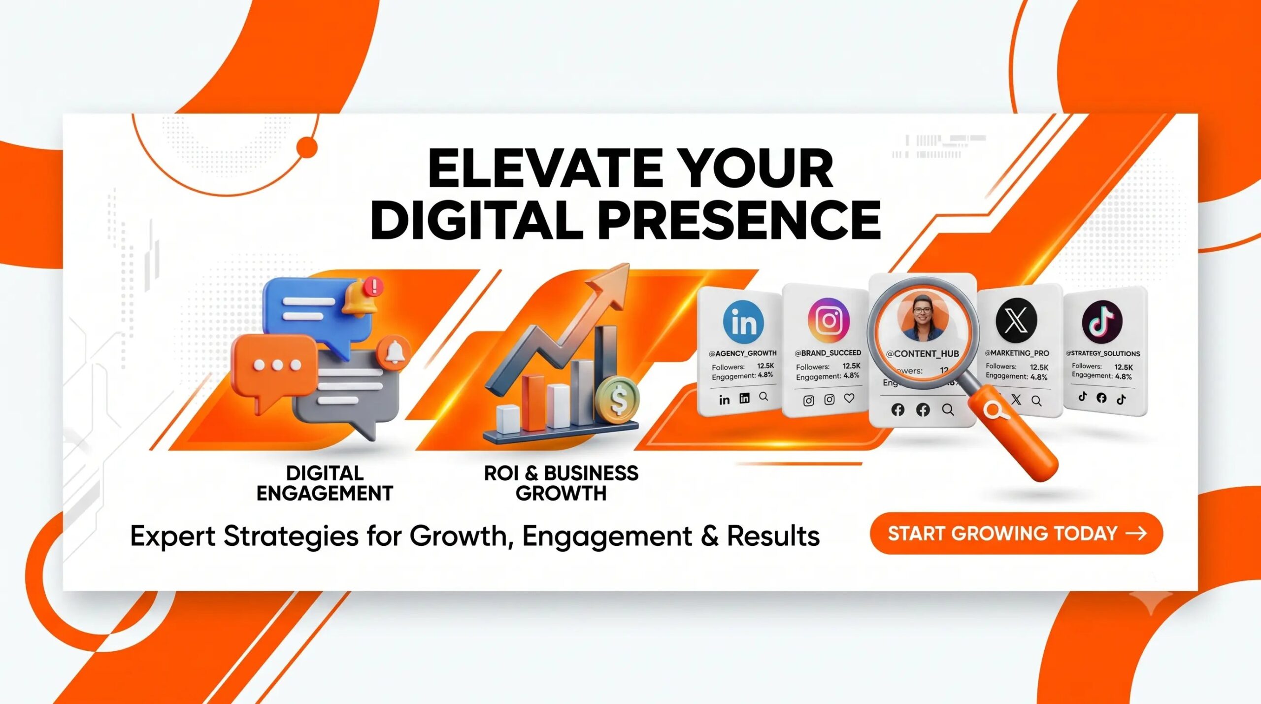 Best social media platforms for business marketing overview graphics banner in bold orange and white style