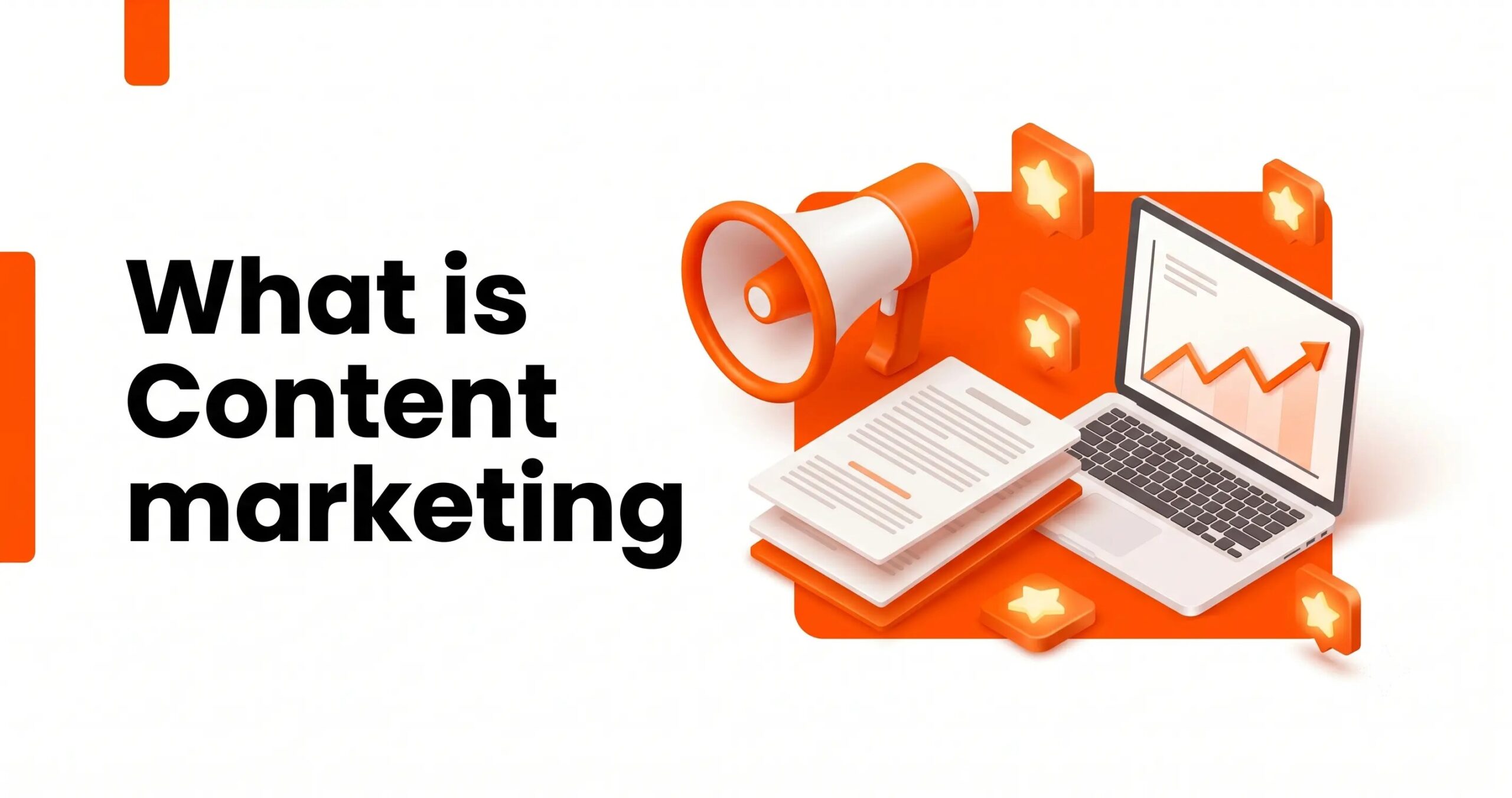 Complete content marketing for beginners guide banner featuring 3D growth elements on a bold orange background