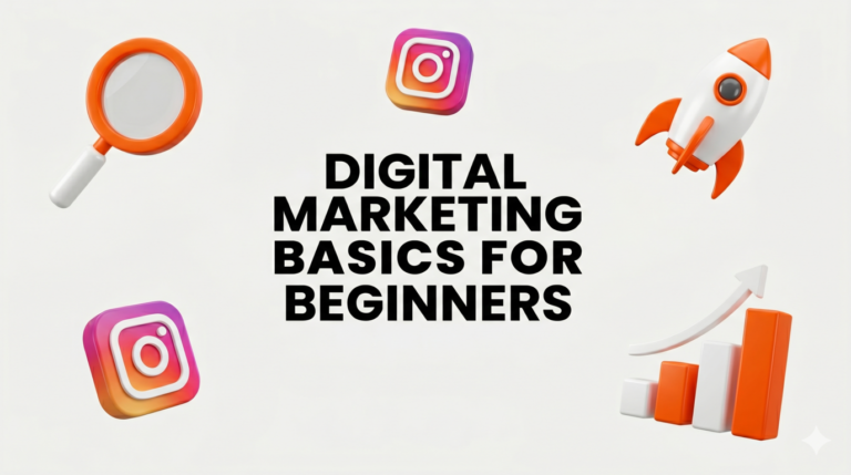 Digital marketing basics for beginners complete guide banner featuring 3D marketing icons on an orange and white background