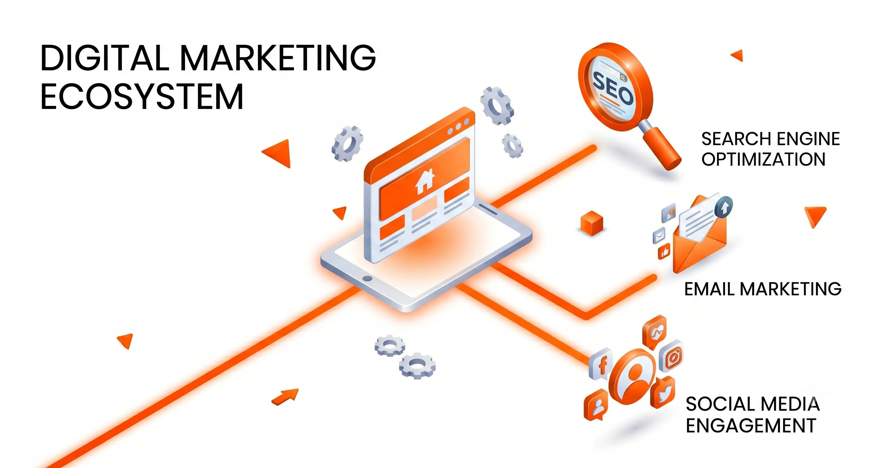 Digital marketing ecosystem diagram showing a central website connected to social media search engine optimization and email channels.