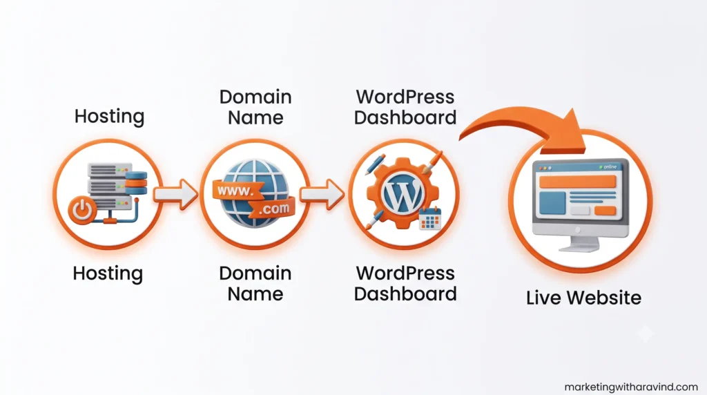 Diagram showing how WordPress works — hosting domain and dashboard Diagram showing how WordPress works — hosting, domain, and dashboard