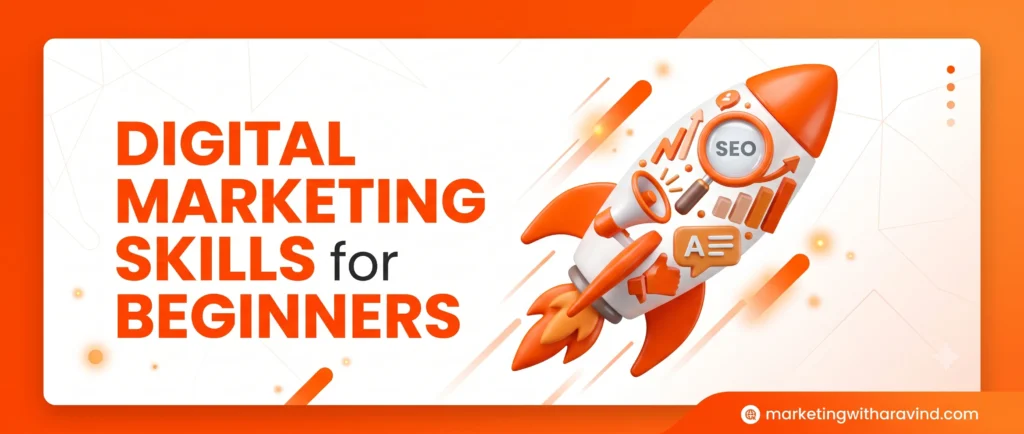 digital marketing skills for beginners guide banner with orange 3D icons