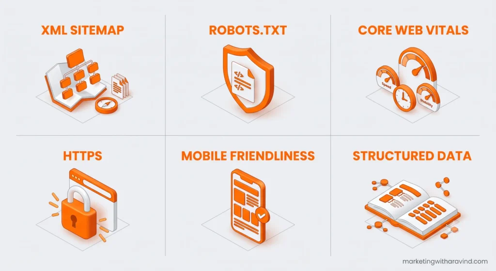 infographic listing the key elements of technical seo for beginners infographic listing the key elements of technical seo for beginners