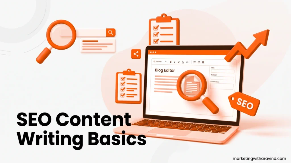 Beginner learning SEO content writing basics on a laptop, orange and white 3D icon style