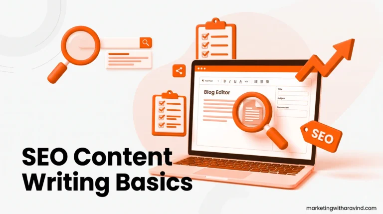 Beginner learning SEO content writing basics on a laptop, orange and white 3D icon style