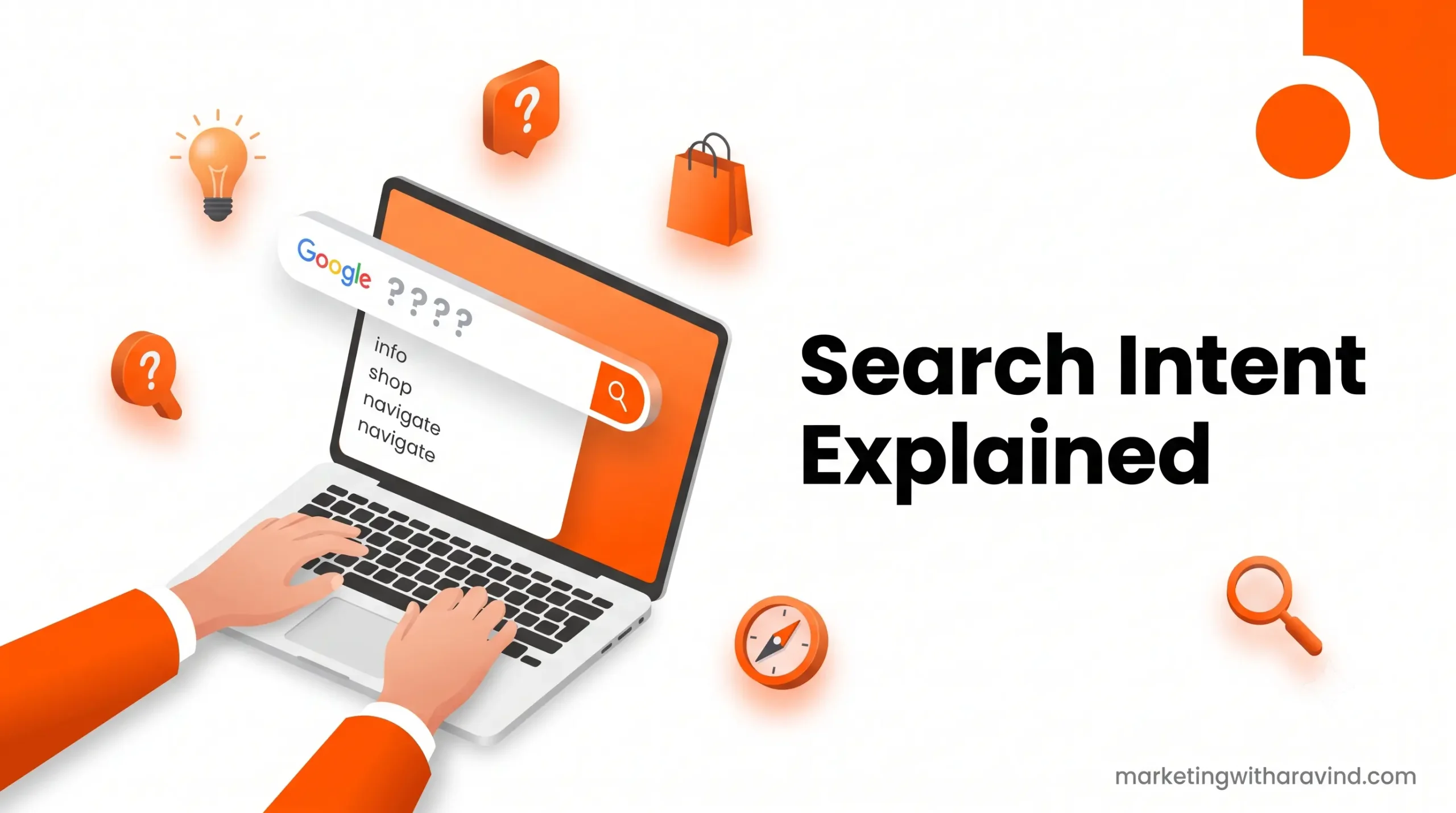 Illustration showing search intent types - informational, commercial, transactional, and navigational - with Google search bar and 3D icons