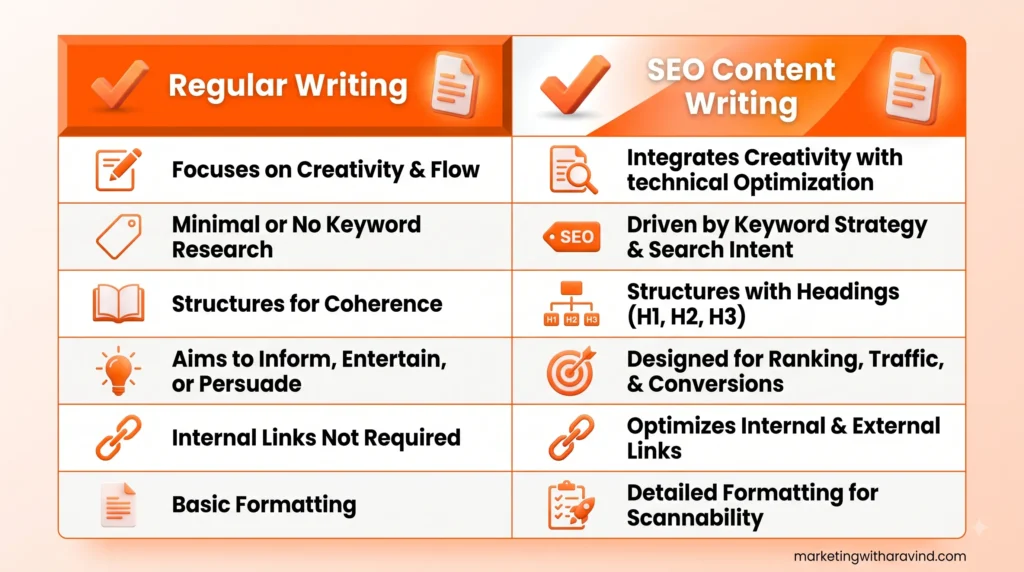 SEO content writing versus regular writing comparison chart for beginners SEO content writing versus regular writing comparison chart for beginners