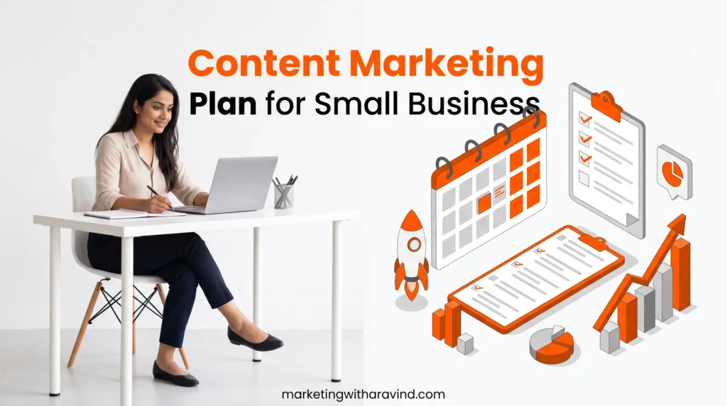 content marketing plan hero Content marketing plan for small business with calendar, checklist and growth chart